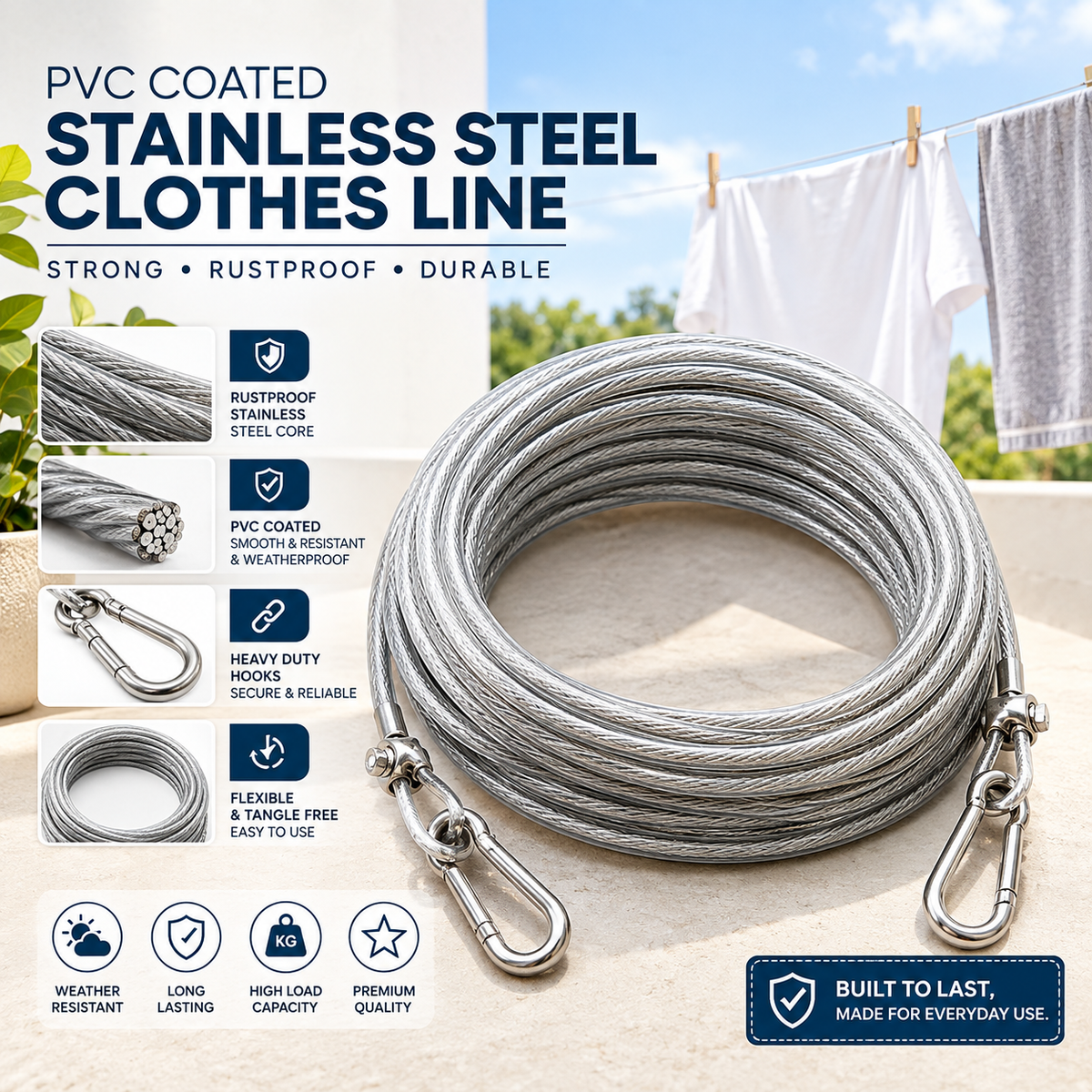 Heavy-Duty Stainless Steel Clothesline (6mm ) – Rust-Resistant & Durable